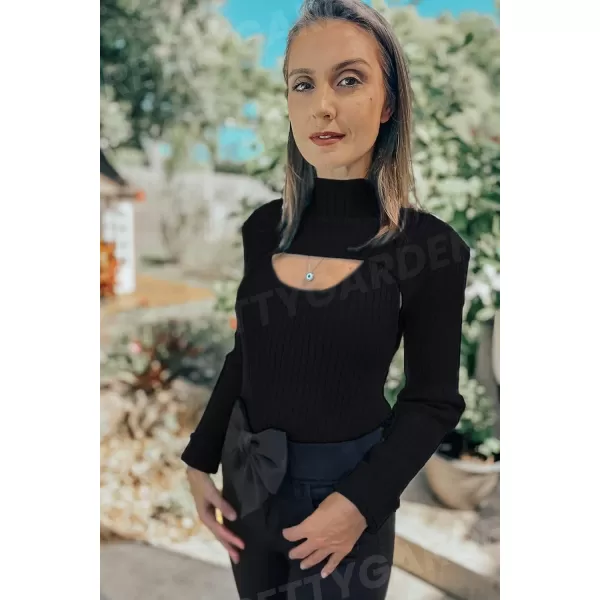 imagePRETTYGARDEN Womens 2023 Fashion Fall Clothes 2 Piece Cutout Tops Long Sleeve Mock Neck Rib Knit Winter Pullover SweaterBlack