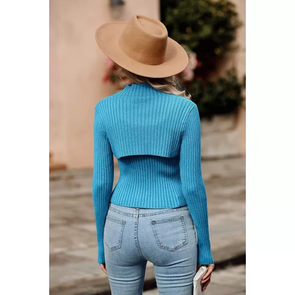 imagePRETTYGARDEN Womens 2023 Fashion Fall Clothes 2 Piece Cutout Tops Long Sleeve Mock Neck Rib Knit Winter Pullover SweaterBlue