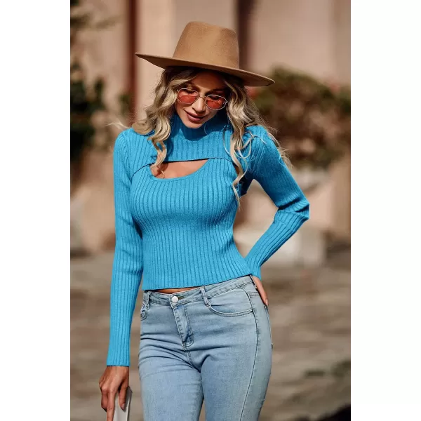 imagePRETTYGARDEN Womens 2023 Fashion Fall Clothes 2 Piece Cutout Tops Long Sleeve Mock Neck Rib Knit Winter Pullover SweaterBlue