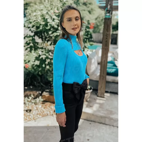 imagePRETTYGARDEN Womens 2023 Fashion Fall Clothes 2 Piece Cutout Tops Long Sleeve Mock Neck Rib Knit Winter Pullover SweaterBlue