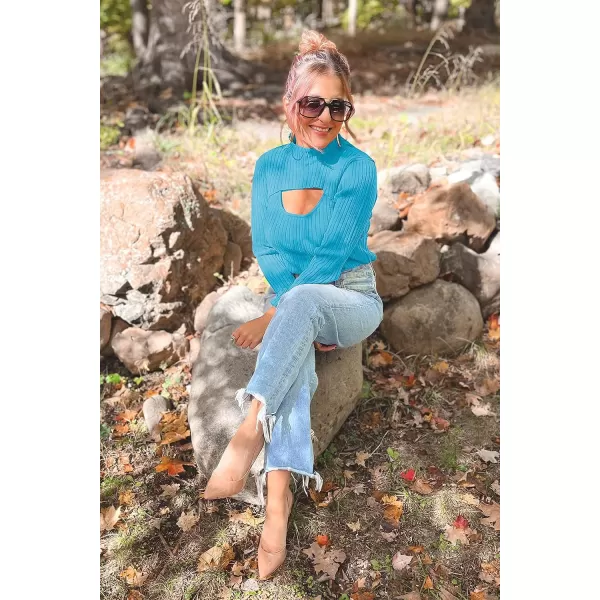 imagePRETTYGARDEN Womens 2023 Fashion Fall Clothes 2 Piece Cutout Tops Long Sleeve Mock Neck Rib Knit Winter Pullover SweaterBlue