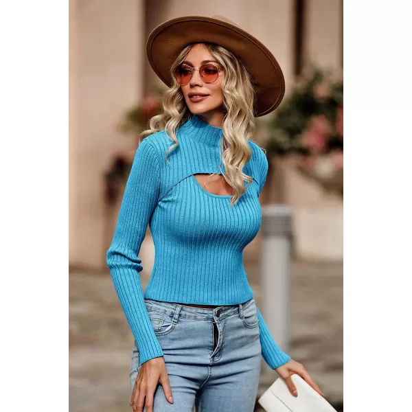 imagePRETTYGARDEN Womens 2023 Fashion Fall Clothes 2 Piece Cutout Tops Long Sleeve Mock Neck Rib Knit Winter Pullover SweaterBlue