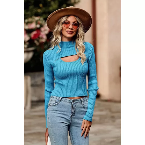 imagePRETTYGARDEN Womens 2023 Fashion Fall Clothes 2 Piece Cutout Tops Long Sleeve Mock Neck Rib Knit Winter Pullover SweaterBlue