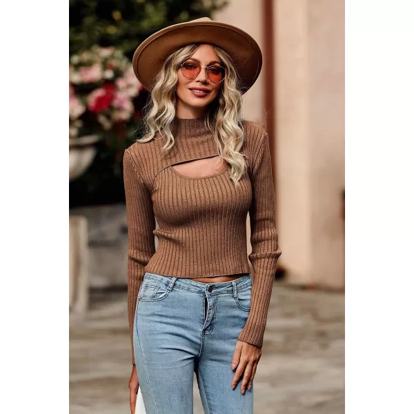 imagePRETTYGARDEN Womens 2023 Fashion Fall Clothes 2 Piece Cutout Tops Long Sleeve Mock Neck Rib Knit Winter Pullover SweaterBrown