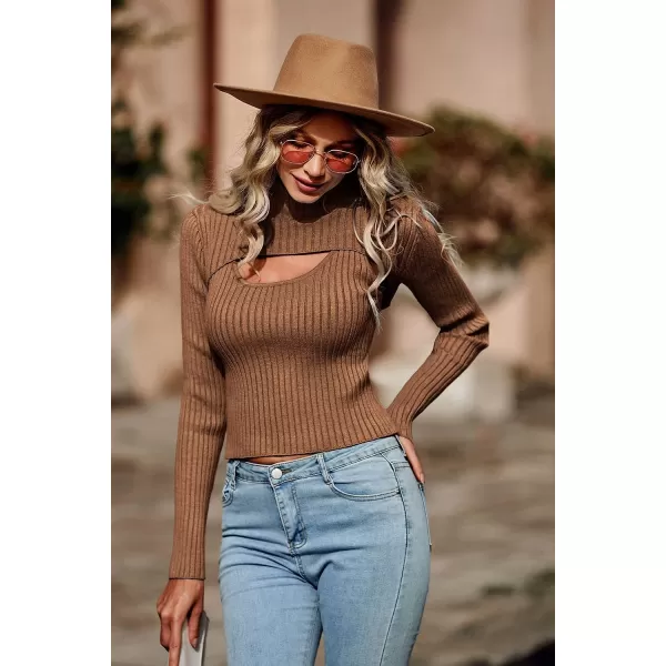 imagePRETTYGARDEN Womens 2023 Fashion Fall Clothes 2 Piece Cutout Tops Long Sleeve Mock Neck Rib Knit Winter Pullover SweaterBrown