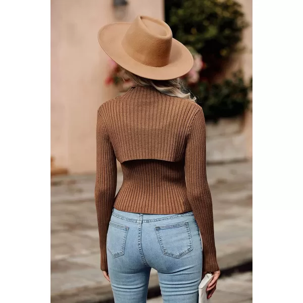 imagePRETTYGARDEN Womens 2023 Fashion Fall Clothes 2 Piece Cutout Tops Long Sleeve Mock Neck Rib Knit Winter Pullover SweaterBrown