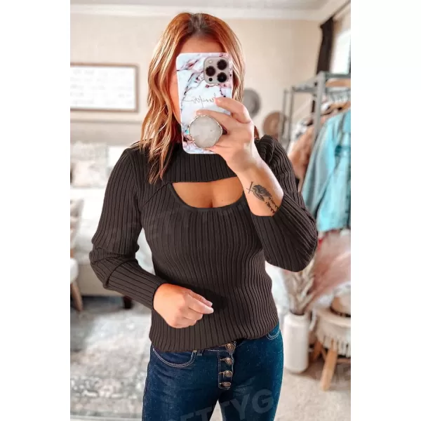 imagePRETTYGARDEN Womens 2023 Fashion Fall Clothes 2 Piece Cutout Tops Long Sleeve Mock Neck Rib Knit Winter Pullover SweaterCoffee