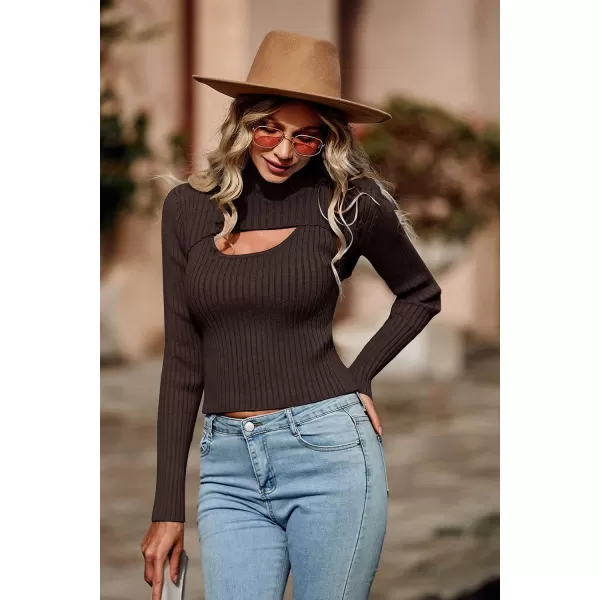 imagePRETTYGARDEN Womens 2023 Fashion Fall Clothes 2 Piece Cutout Tops Long Sleeve Mock Neck Rib Knit Winter Pullover SweaterCoffee