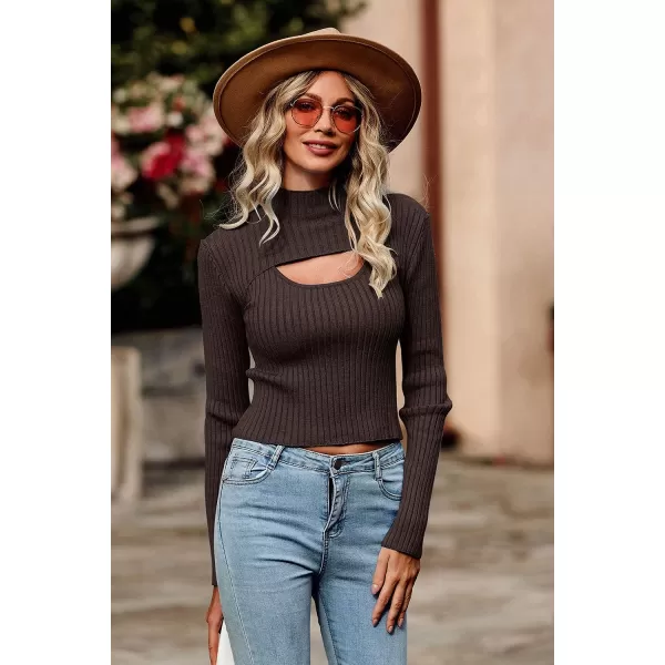 imagePRETTYGARDEN Womens 2023 Fashion Fall Clothes 2 Piece Cutout Tops Long Sleeve Mock Neck Rib Knit Winter Pullover SweaterCoffee