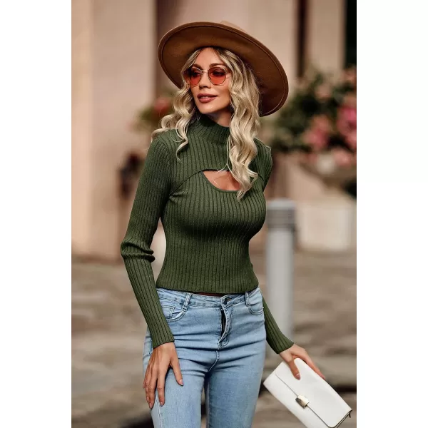 imagePRETTYGARDEN Womens 2023 Fashion Fall Clothes 2 Piece Cutout Tops Long Sleeve Mock Neck Rib Knit Winter Pullover SweaterDark Army Green