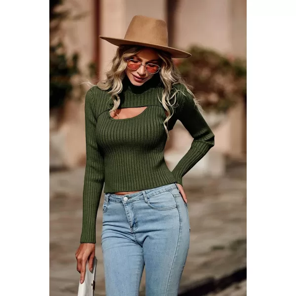 imagePRETTYGARDEN Womens 2023 Fashion Fall Clothes 2 Piece Cutout Tops Long Sleeve Mock Neck Rib Knit Winter Pullover SweaterDark Army Green