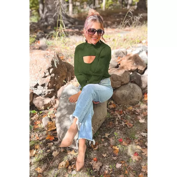 imagePRETTYGARDEN Womens 2023 Fashion Fall Clothes 2 Piece Cutout Tops Long Sleeve Mock Neck Rib Knit Winter Pullover SweaterDark Army Green