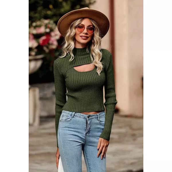 imagePRETTYGARDEN Womens 2023 Fashion Fall Clothes 2 Piece Cutout Tops Long Sleeve Mock Neck Rib Knit Winter Pullover SweaterDark Army Green