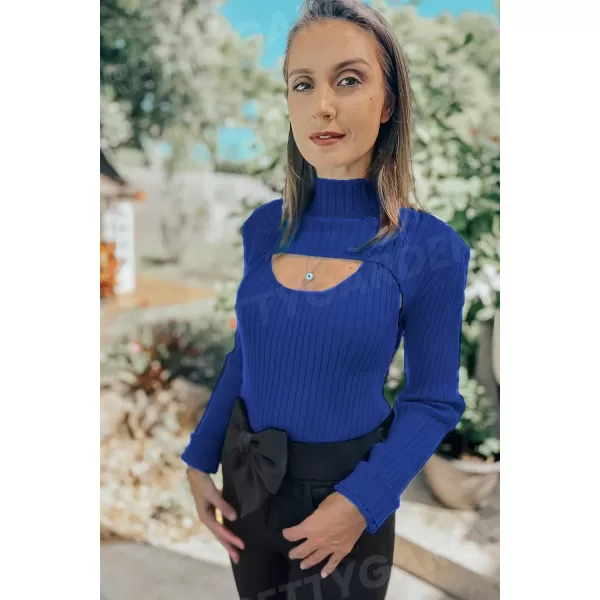 imagePRETTYGARDEN Womens 2023 Fashion Fall Clothes 2 Piece Cutout Tops Long Sleeve Mock Neck Rib Knit Winter Pullover SweaterDark Royal Blue