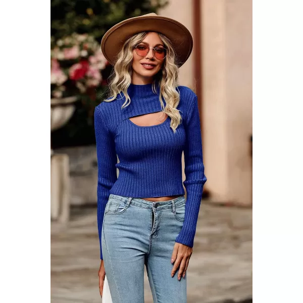 imagePRETTYGARDEN Womens 2023 Fashion Fall Clothes 2 Piece Cutout Tops Long Sleeve Mock Neck Rib Knit Winter Pullover SweaterDark Royal Blue