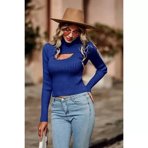imagePRETTYGARDEN Womens 2023 Fashion Fall Clothes 2 Piece Cutout Tops Long Sleeve Mock Neck Rib Knit Winter Pullover SweaterDark Royal Blue