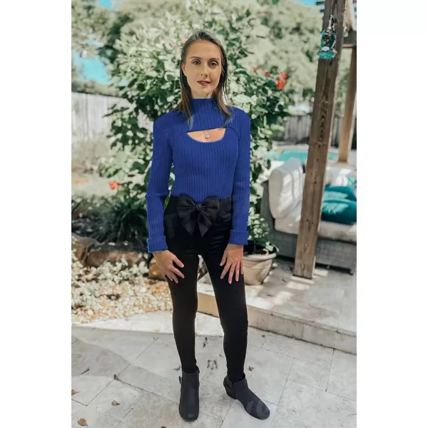 imagePRETTYGARDEN Womens 2023 Fashion Fall Clothes 2 Piece Cutout Tops Long Sleeve Mock Neck Rib Knit Winter Pullover SweaterDark Royal Blue