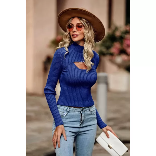 imagePRETTYGARDEN Womens 2023 Fashion Fall Clothes 2 Piece Cutout Tops Long Sleeve Mock Neck Rib Knit Winter Pullover SweaterDark Royal Blue