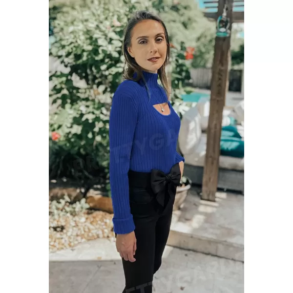 imagePRETTYGARDEN Womens 2023 Fashion Fall Clothes 2 Piece Cutout Tops Long Sleeve Mock Neck Rib Knit Winter Pullover SweaterDark Royal Blue