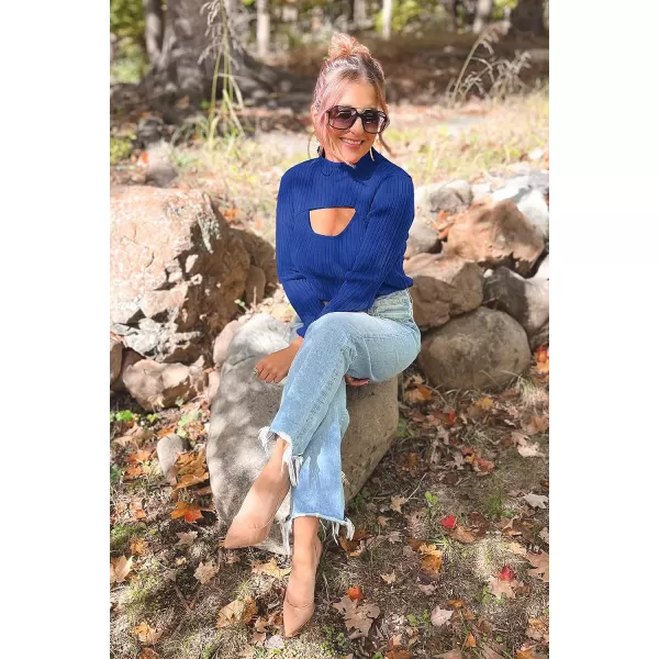 imagePRETTYGARDEN Womens 2023 Fashion Fall Clothes 2 Piece Cutout Tops Long Sleeve Mock Neck Rib Knit Winter Pullover SweaterDark Royal Blue