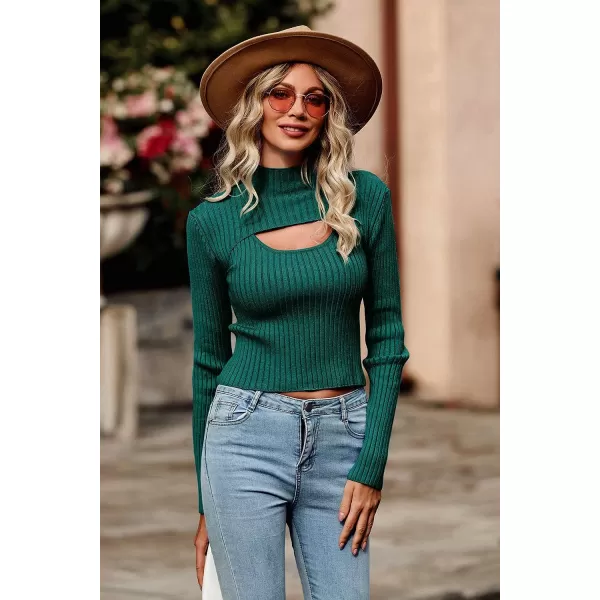 imagePRETTYGARDEN Womens 2023 Fashion Fall Clothes 2 Piece Cutout Tops Long Sleeve Mock Neck Rib Knit Winter Pullover SweaterLake Green