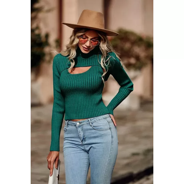 imagePRETTYGARDEN Womens 2023 Fashion Fall Clothes 2 Piece Cutout Tops Long Sleeve Mock Neck Rib Knit Winter Pullover SweaterLake Green