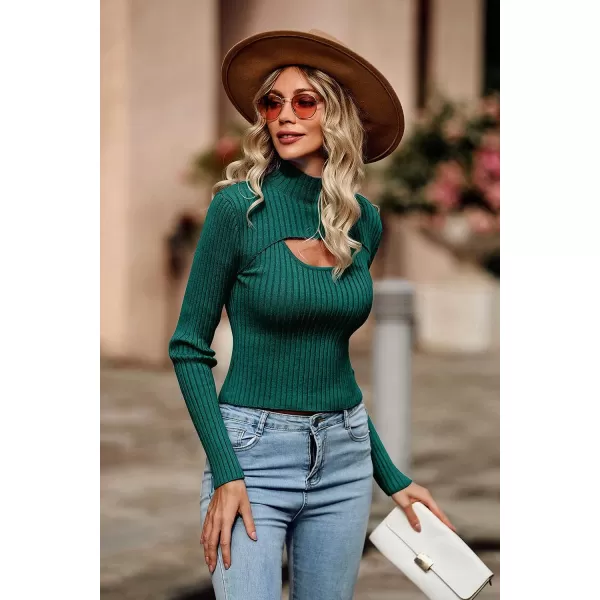 imagePRETTYGARDEN Womens 2023 Fashion Fall Clothes 2 Piece Cutout Tops Long Sleeve Mock Neck Rib Knit Winter Pullover SweaterLake Green