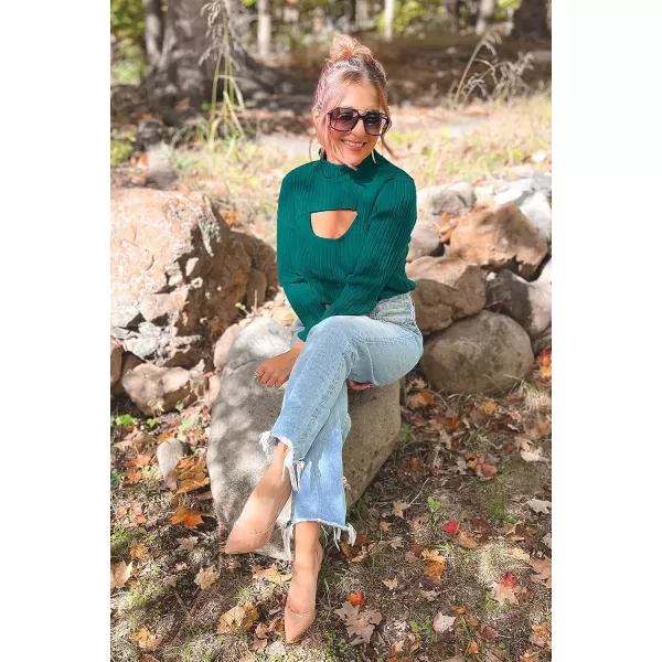 imagePRETTYGARDEN Womens 2023 Fashion Fall Clothes 2 Piece Cutout Tops Long Sleeve Mock Neck Rib Knit Winter Pullover SweaterLake Green
