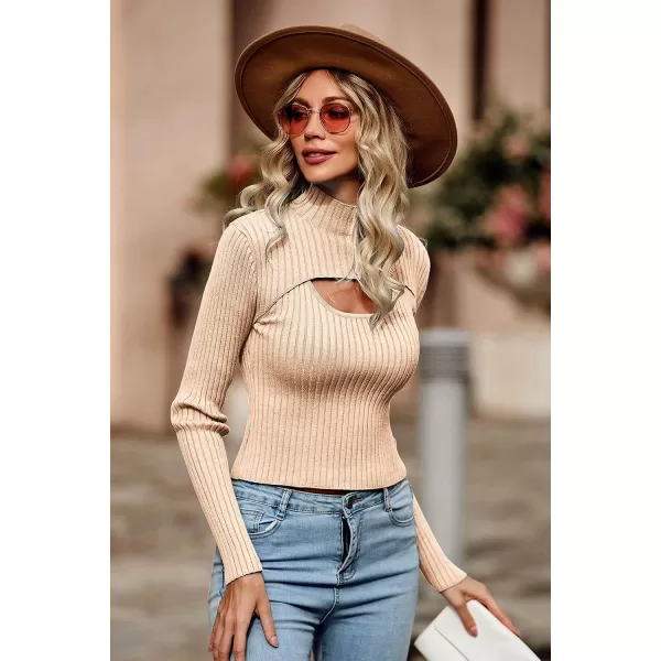 imagePRETTYGARDEN Womens 2023 Fashion Fall Clothes 2 Piece Cutout Tops Long Sleeve Mock Neck Rib Knit Winter Pullover SweaterLight Khaki