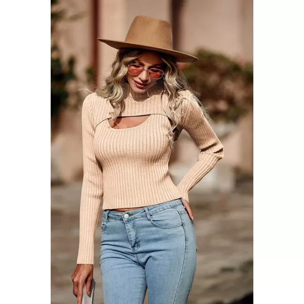 imagePRETTYGARDEN Womens 2023 Fashion Fall Clothes 2 Piece Cutout Tops Long Sleeve Mock Neck Rib Knit Winter Pullover SweaterLight Khaki