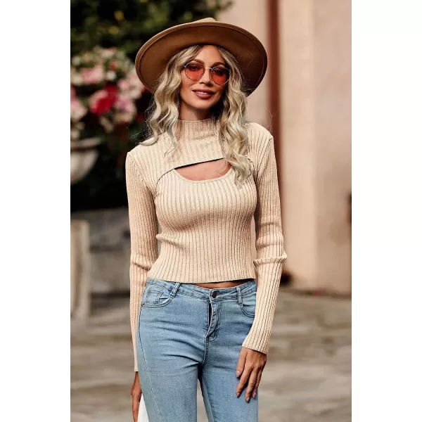 imagePRETTYGARDEN Womens 2023 Fashion Fall Clothes 2 Piece Cutout Tops Long Sleeve Mock Neck Rib Knit Winter Pullover SweaterLight Khaki