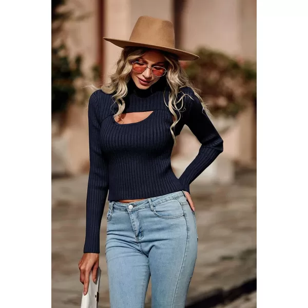 imagePRETTYGARDEN Womens 2023 Fashion Fall Clothes 2 Piece Cutout Tops Long Sleeve Mock Neck Rib Knit Winter Pullover SweaterNavy