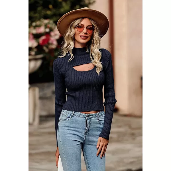 imagePRETTYGARDEN Womens 2023 Fashion Fall Clothes 2 Piece Cutout Tops Long Sleeve Mock Neck Rib Knit Winter Pullover SweaterNavy