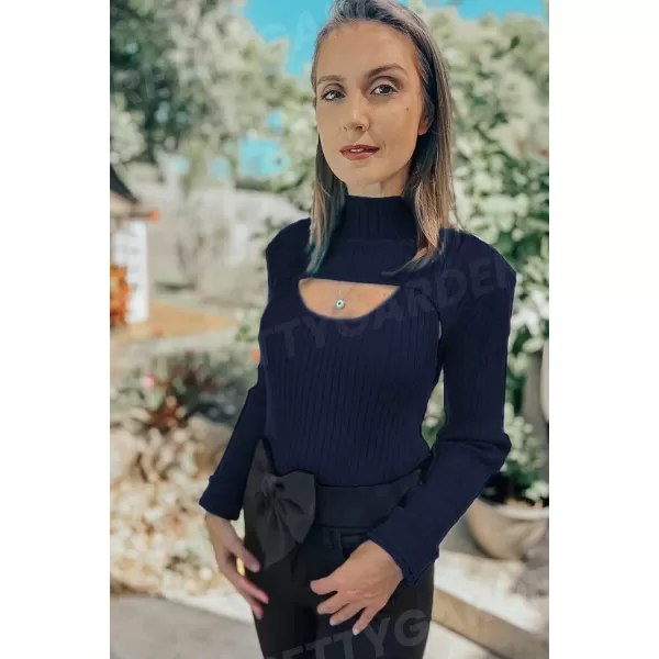 imagePRETTYGARDEN Womens 2023 Fashion Fall Clothes 2 Piece Cutout Tops Long Sleeve Mock Neck Rib Knit Winter Pullover SweaterNavy