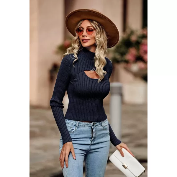 imagePRETTYGARDEN Womens 2023 Fashion Fall Clothes 2 Piece Cutout Tops Long Sleeve Mock Neck Rib Knit Winter Pullover SweaterNavy