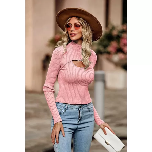 imagePRETTYGARDEN Womens 2023 Fashion Fall Clothes 2 Piece Cutout Tops Long Sleeve Mock Neck Rib Knit Winter Pullover SweaterPink