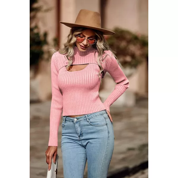 imagePRETTYGARDEN Womens 2023 Fashion Fall Clothes 2 Piece Cutout Tops Long Sleeve Mock Neck Rib Knit Winter Pullover SweaterPink