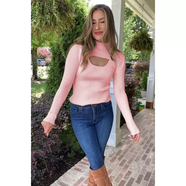 imagePRETTYGARDEN Womens 2023 Fashion Fall Clothes 2 Piece Cutout Tops Long Sleeve Mock Neck Rib Knit Winter Pullover SweaterPink