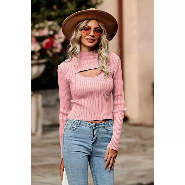 imagePRETTYGARDEN Womens 2023 Fashion Fall Clothes 2 Piece Cutout Tops Long Sleeve Mock Neck Rib Knit Winter Pullover SweaterPink
