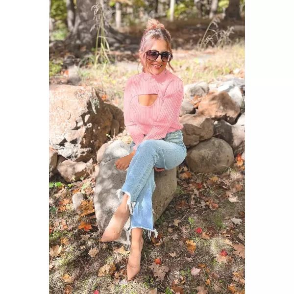 imagePRETTYGARDEN Womens 2023 Fashion Fall Clothes 2 Piece Cutout Tops Long Sleeve Mock Neck Rib Knit Winter Pullover SweaterPink