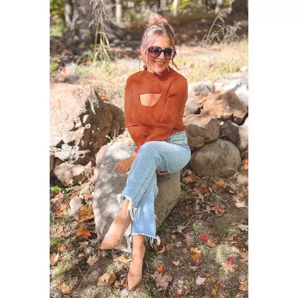 imagePRETTYGARDEN Womens 2023 Fashion Fall Clothes 2 Piece Cutout Tops Long Sleeve Mock Neck Rib Knit Winter Pullover SweaterRust Red
