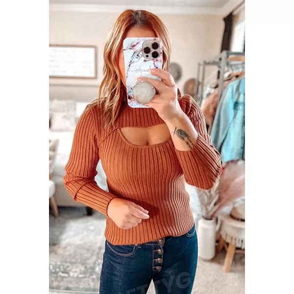 imagePRETTYGARDEN Womens 2023 Fashion Fall Clothes 2 Piece Cutout Tops Long Sleeve Mock Neck Rib Knit Winter Pullover SweaterRust Red