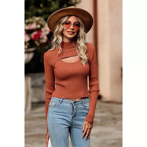 imagePRETTYGARDEN Womens 2023 Fashion Fall Clothes 2 Piece Cutout Tops Long Sleeve Mock Neck Rib Knit Winter Pullover SweaterRust Red