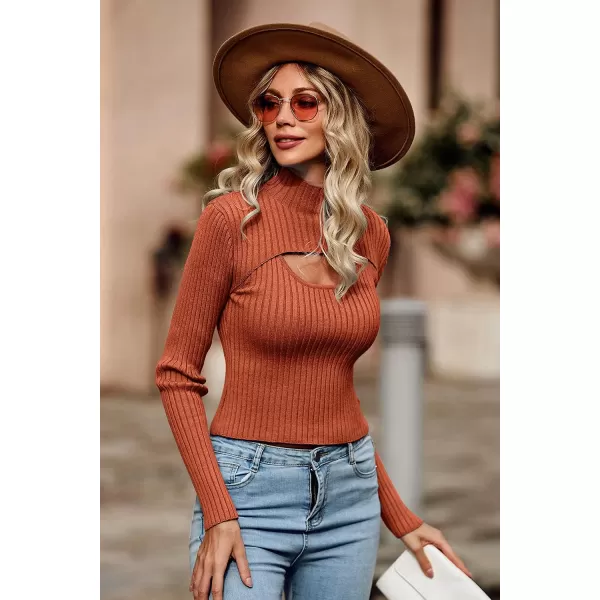 imagePRETTYGARDEN Womens 2023 Fashion Fall Clothes 2 Piece Cutout Tops Long Sleeve Mock Neck Rib Knit Winter Pullover SweaterRust Red