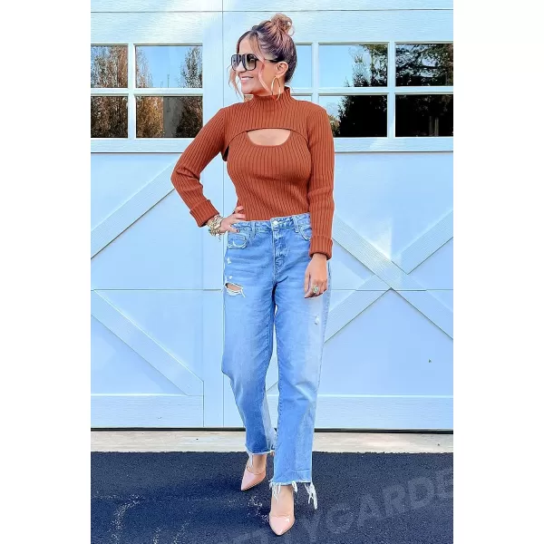 imagePRETTYGARDEN Womens 2023 Fashion Fall Clothes 2 Piece Cutout Tops Long Sleeve Mock Neck Rib Knit Winter Pullover SweaterRust Red