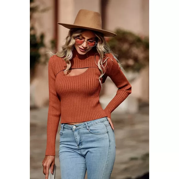 imagePRETTYGARDEN Womens 2023 Fashion Fall Clothes 2 Piece Cutout Tops Long Sleeve Mock Neck Rib Knit Winter Pullover SweaterRust Red