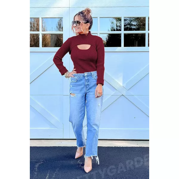 imagePRETTYGARDEN Womens 2023 Fashion Fall Clothes 2 Piece Cutout Tops Long Sleeve Mock Neck Rib Knit Winter Pullover SweaterWine Red
