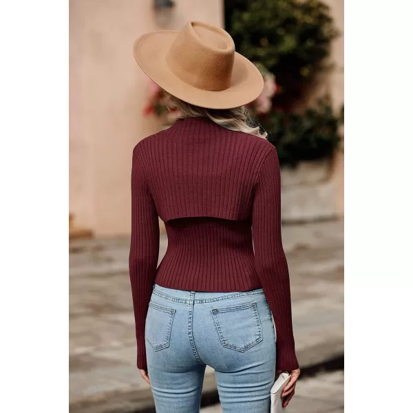imagePRETTYGARDEN Womens 2023 Fashion Fall Clothes 2 Piece Cutout Tops Long Sleeve Mock Neck Rib Knit Winter Pullover SweaterWine Red