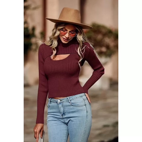 imagePRETTYGARDEN Womens 2023 Fashion Fall Clothes 2 Piece Cutout Tops Long Sleeve Mock Neck Rib Knit Winter Pullover SweaterWine Red