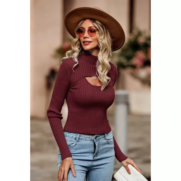 imagePRETTYGARDEN Womens 2023 Fashion Fall Clothes 2 Piece Cutout Tops Long Sleeve Mock Neck Rib Knit Winter Pullover SweaterWine Red